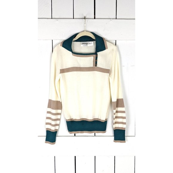 Vintage Joseph Magnin Espresso striped long sleeve collar pullover sweater top - Picture 2 of 5